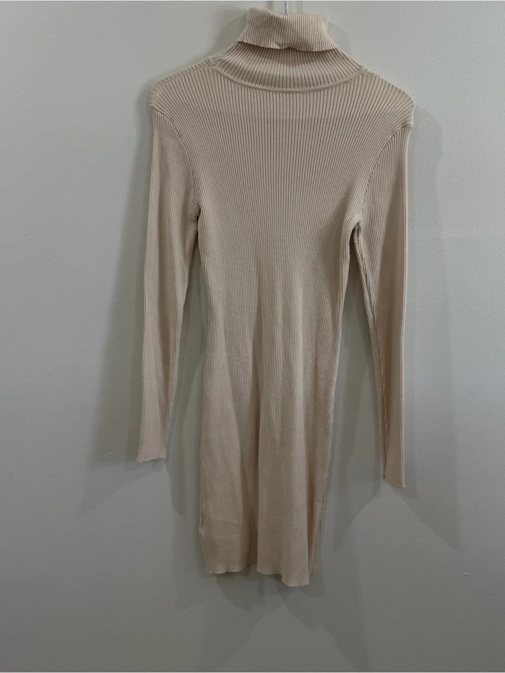 Long Sleeve Ribbed Turtleneck Dress - Beige